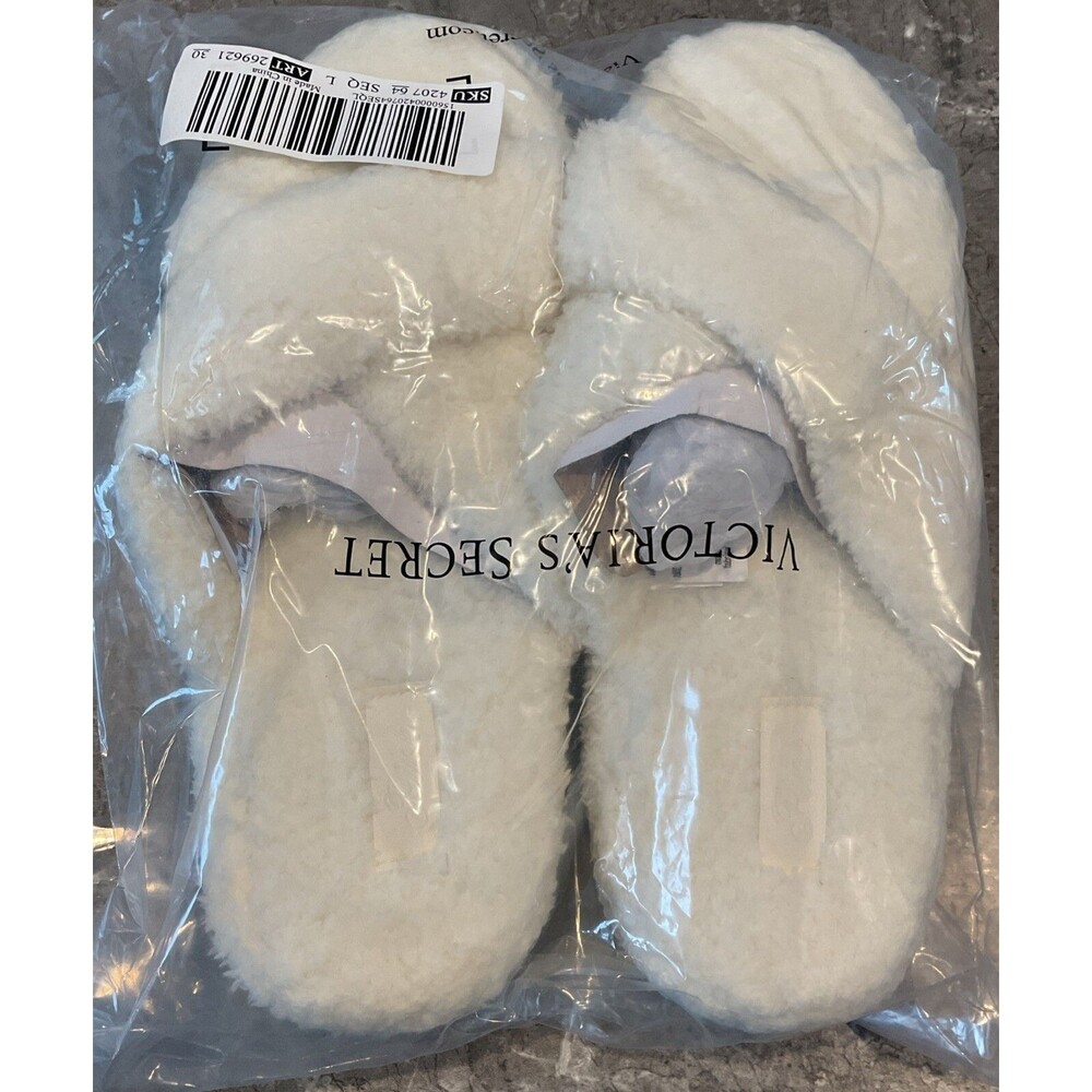NIP Victoria's Secret PINK Cozy Fleece Platform Slide Slippers Cream Size Large